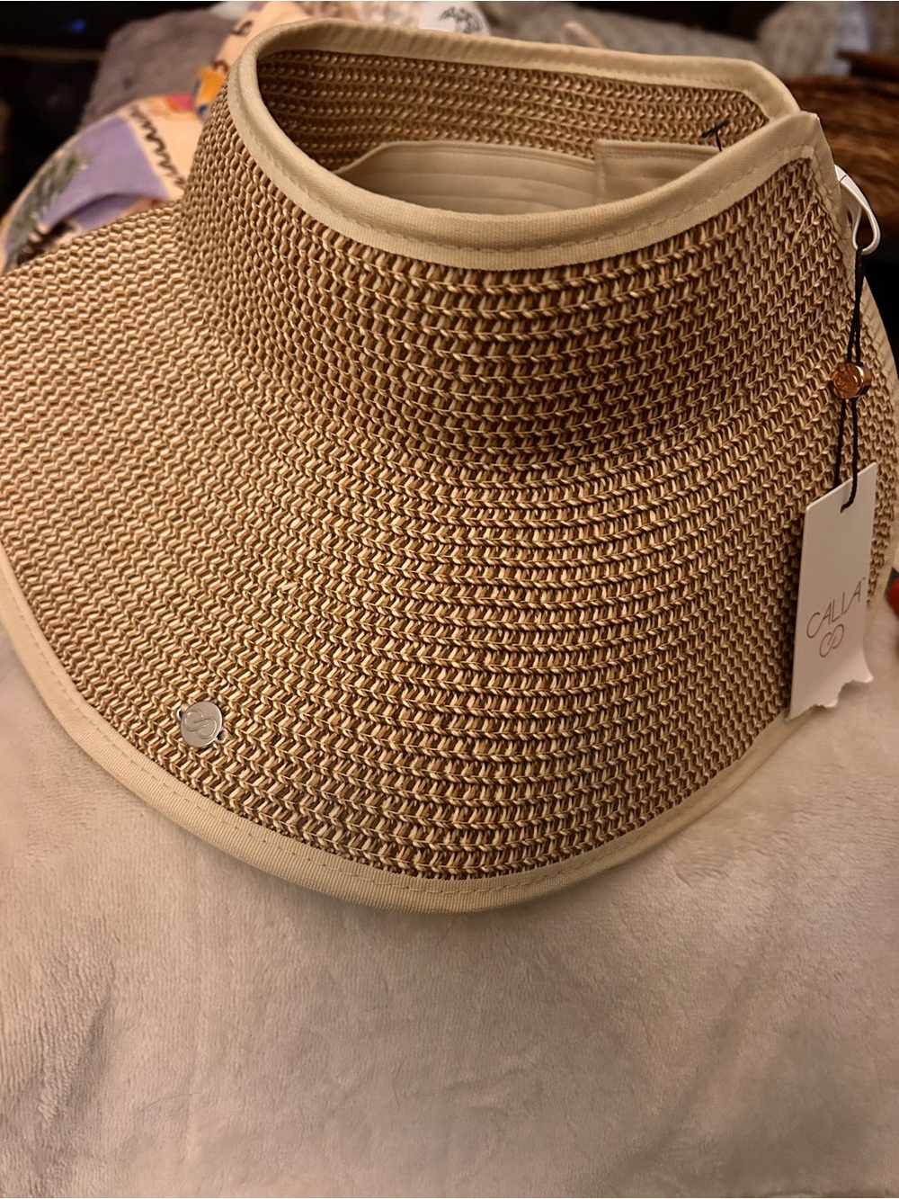 CALIA by Carrie Underwood Tan Woven Straw Visor with Cream Trim
